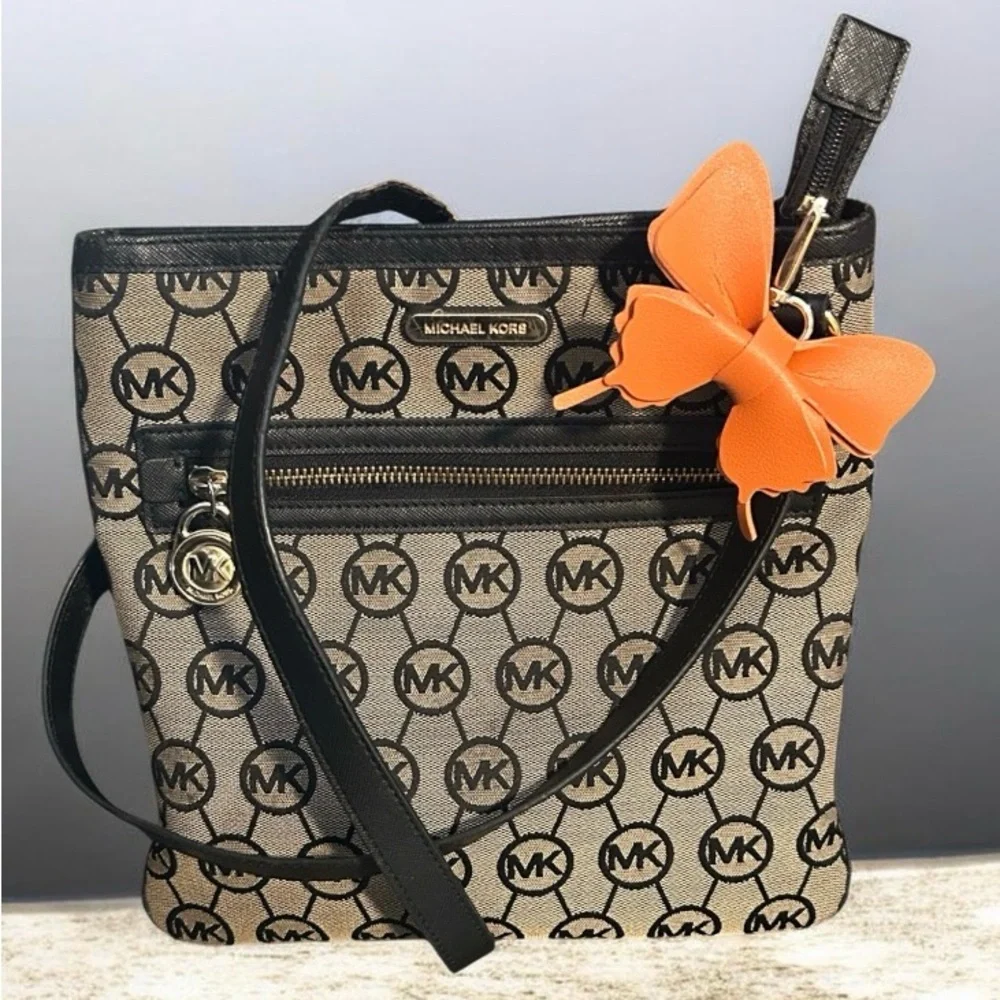 Michael Kors Tan and Black MK Signature Crossbody Bag